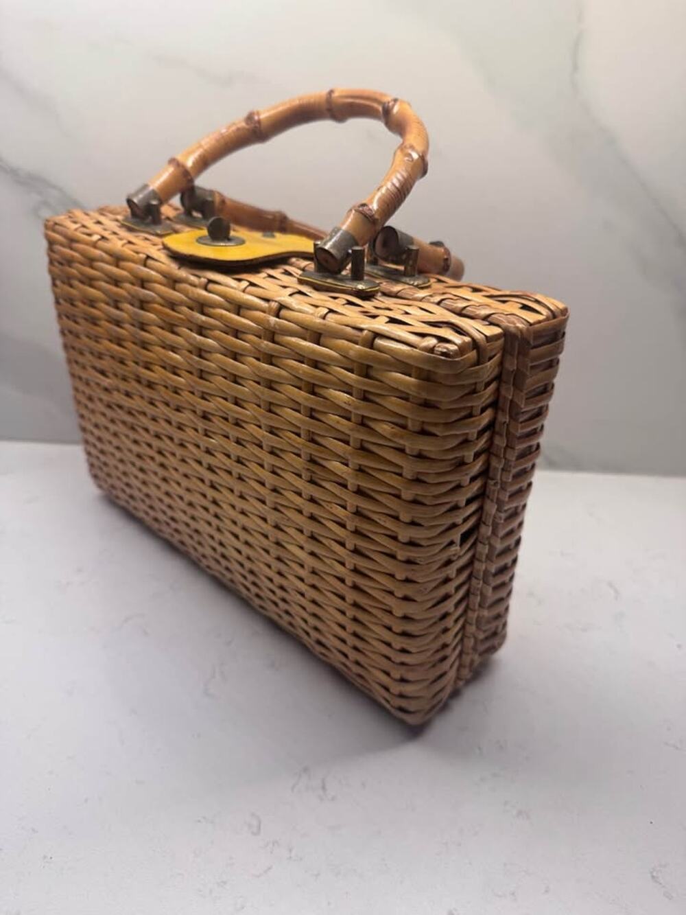 Vintage Mid Century Woven Straw Wicker Bamboo Handle Box Purse Japan